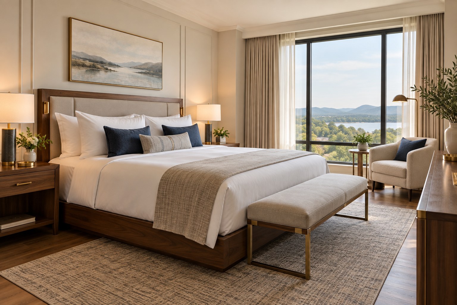 A carefully prepared hotel bedroom with fresh white linen